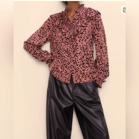 ZARA Animal Print Ruffle Blouse Blush Long Sleeve Button-Up Sz Small - Picture 1 of 13